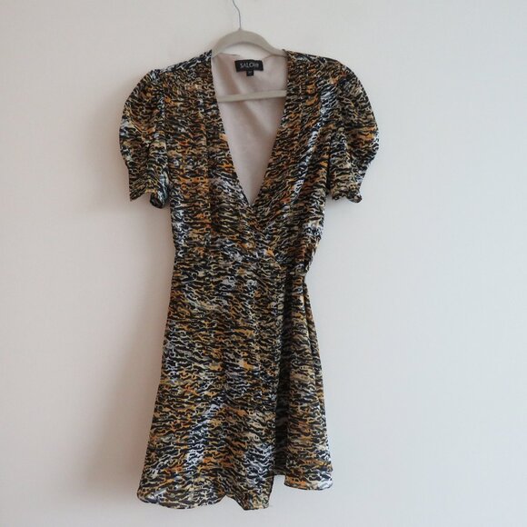 SALONI Lea 100% Silk Crepe Mini Wrap Dress in Ink Tiger Print - Size US 4 - Picture 2 of 16